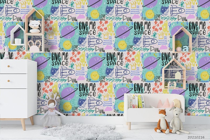 3D Space Planet Rocket Pattern Self-adhesive Removeable Wallpaper Wall Mural