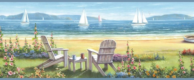 Wallpaper Border Blue Seaside Cottage Sailboats on the Shore Beach