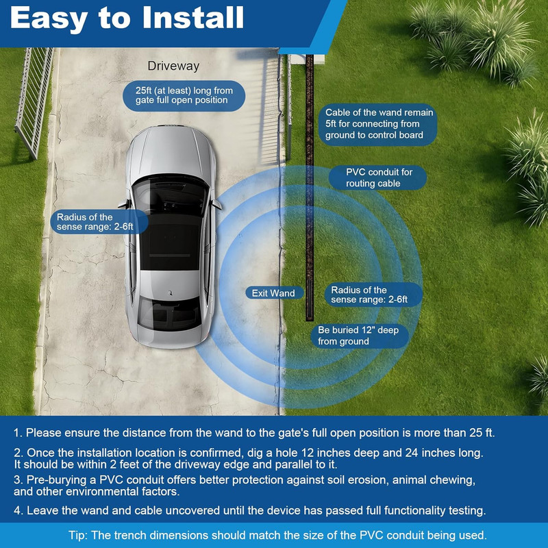 Vehicle Exit Sensor for Automatic Gate Opener with 100 Ft Cable, Compatible with gallery