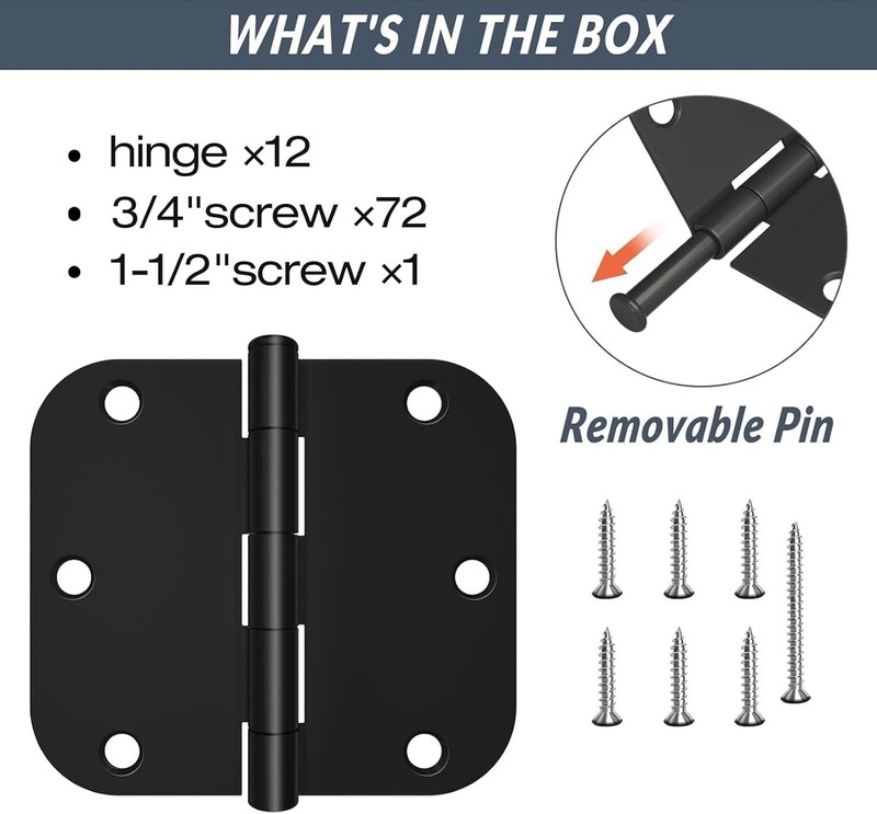 Matte Black Rounded Door Hinges 3.5 x 3.5 Inch – 12 Pack with Screws Included gallery
