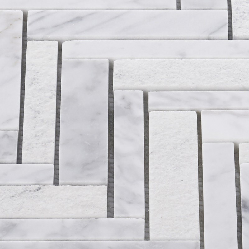 White Calacatta Stone Marble Texture Blended Herringbone Mosaic Tile Backsplash gallery