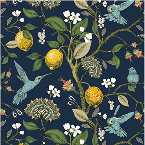 Blue Bird Fresh Lemon Tree Peel and Stick 17.7″ x 118″ Dark Blue Background