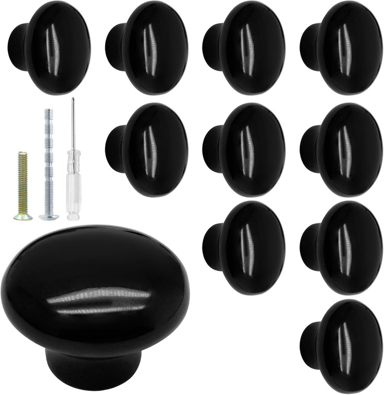 10 Pack Black Ceramic Kitchen Cabinet Knobs Pulls, 32 mm/1.26 Inch Retro Vintage