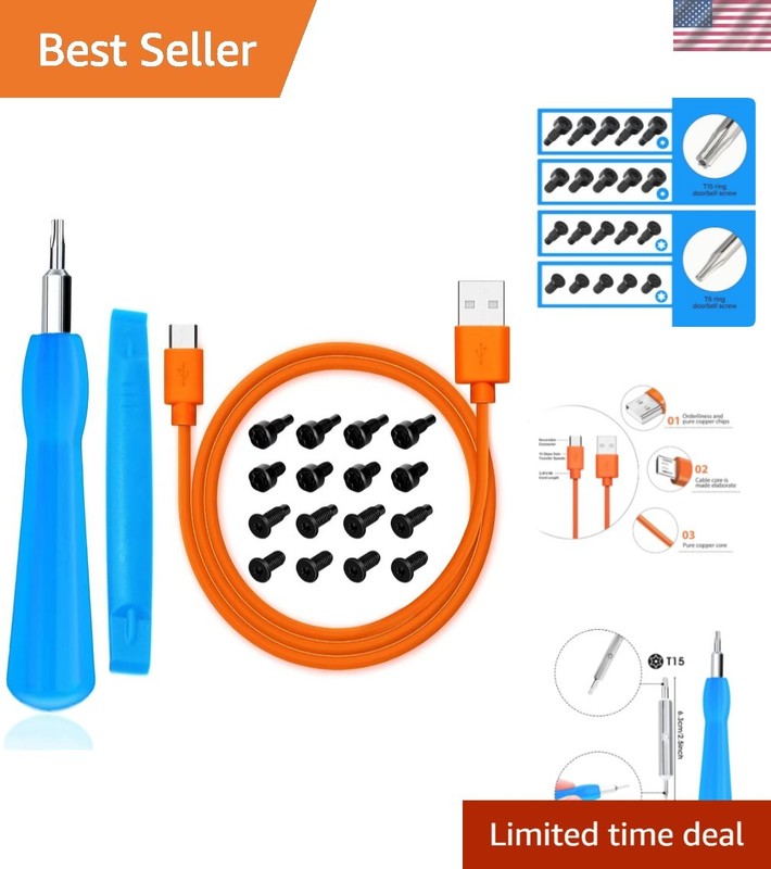 Blue Screwdriver Bit Set with 20 Screws & Charging Cable for All Ring Doorbells