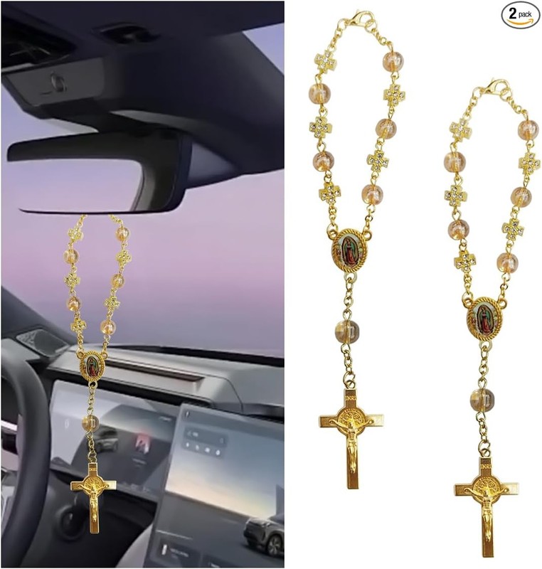 2-Piece Car Rearview Mirror Rosary Decor, Personalized Protectio Color: Sliver