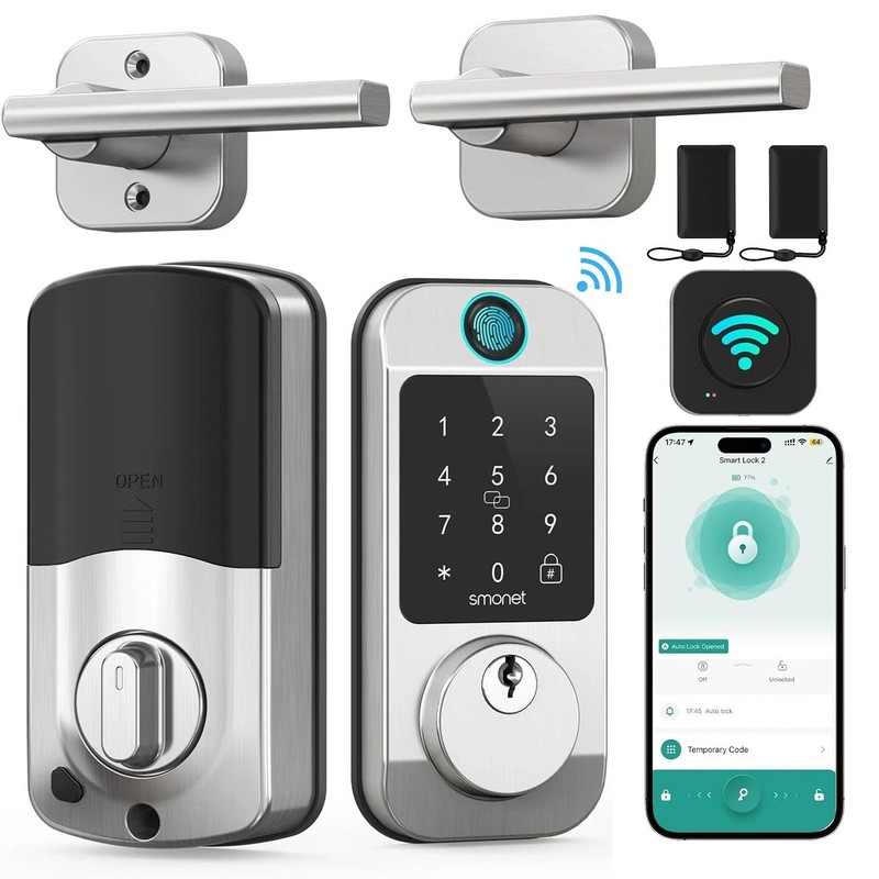 SMONET WiFi Smart Door Lock Lever Handle Set Fingerprint Keyless Digital Keypad