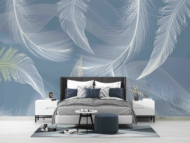 3D White Feather Texture Blue Self-adhesive Removable Wallpaper Murals Wall