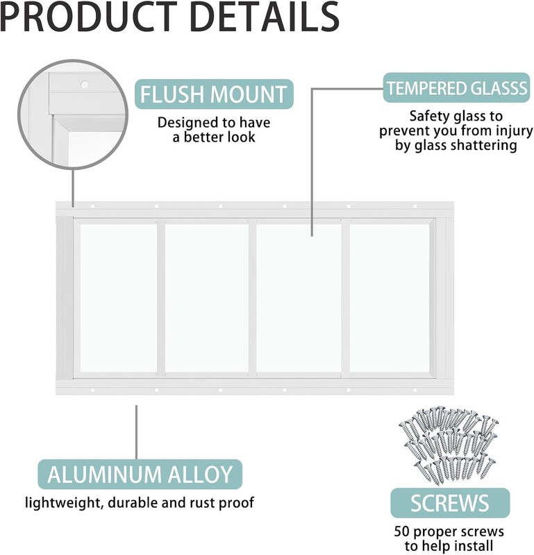 2 Pack 10'' X 23'' White Flush Mount Shed Transom Window with Tempered Glass Hou gallery