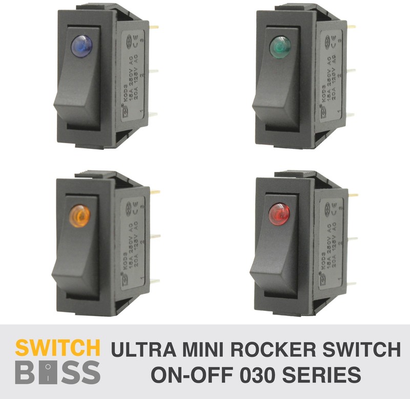 Ultra Mini ROCKER TOGGLE SWITCH ON-OFF – LED Dot Illuminated 12v 24v 4 Colours