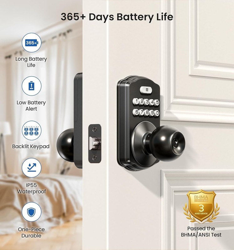 Advanced Keyless Entry Door Lock - Weatherproof Digital Knob with Passage Mode gallery