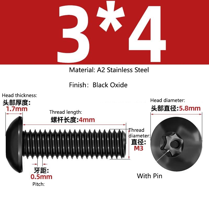 Black A2 Stainless Steel Torx Button Head Security Screws Tamper Resistant M3-10