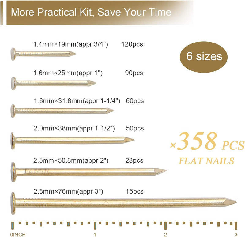 6 Sizes Gold Hardware Nails Assortment Kit, 358Pcs, Brass Plated, Nails for Hang gallery