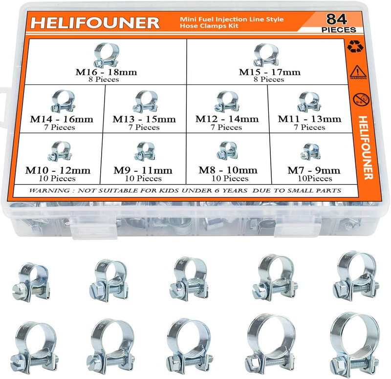 84 Pieces 10 Sizes Mini Fuel Injection Style Hose Clamps, Zinc Plated Adjustable