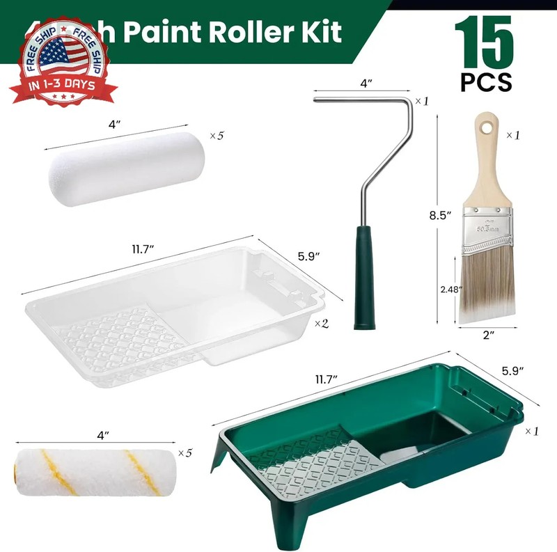 Paint Roller Kit, 15 Pack, 4 Inch Paint Roller, Small Paint Roller with Tray Lin gallery