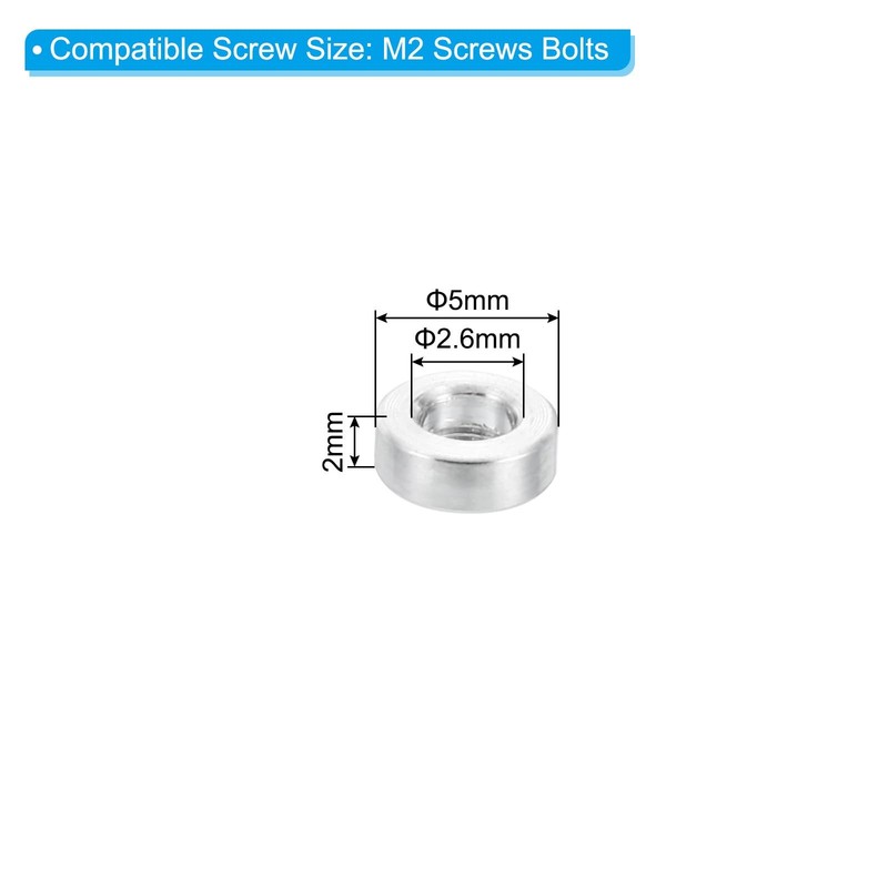 PATIKIL M2 Aluminum Spacers, 10 Pcs Metal 2.6mm ID x 5mm OD x 2mm L, Silver gallery