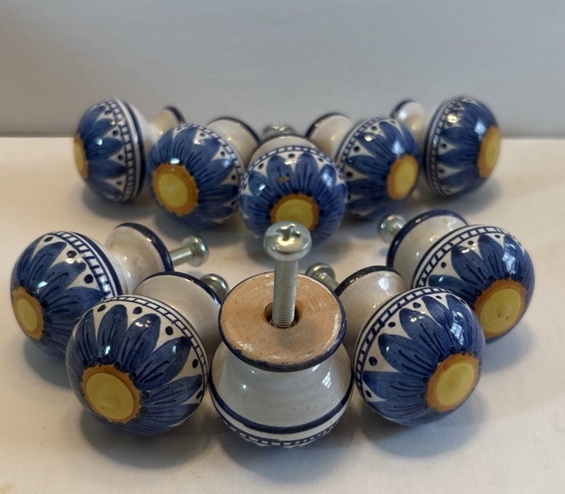 Hand-Painted Blue & Yellow Floral Ceramic Knobs (Set of 10)