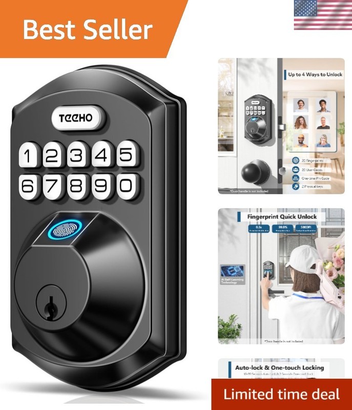 TE002 Smart Lock – Matte Black Fingerprint Door Lock with Emergency Backup Keys