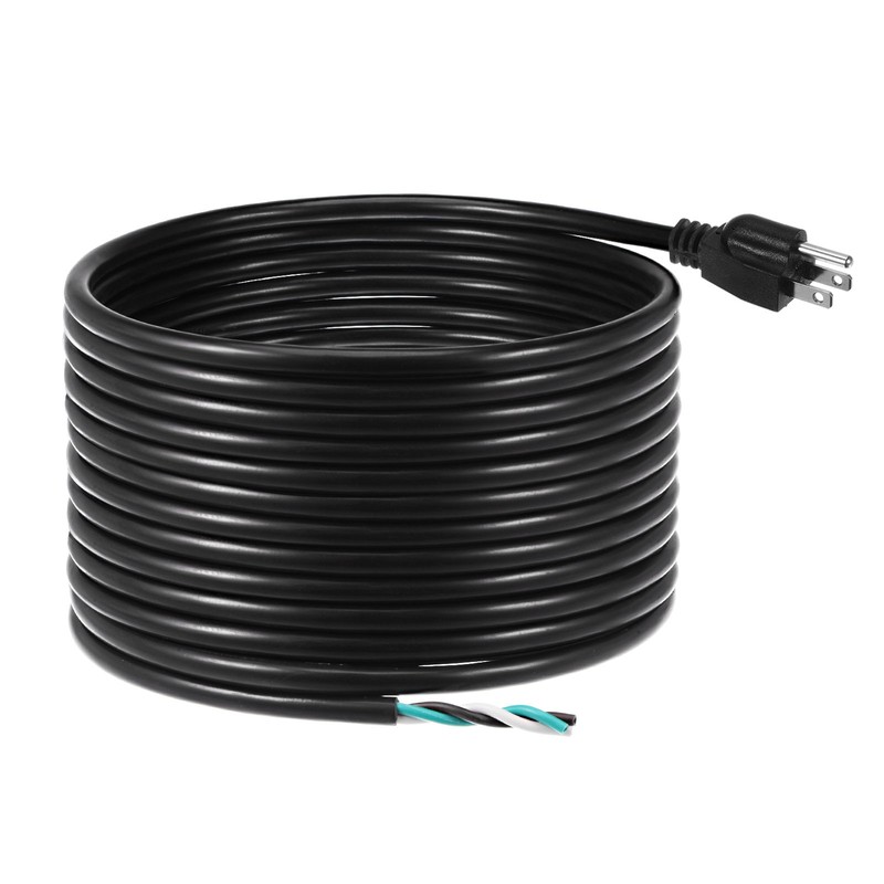 Replacement Power Cord 5-15P 3 Pin Connector w Open End 24ft 14 AWG/Black