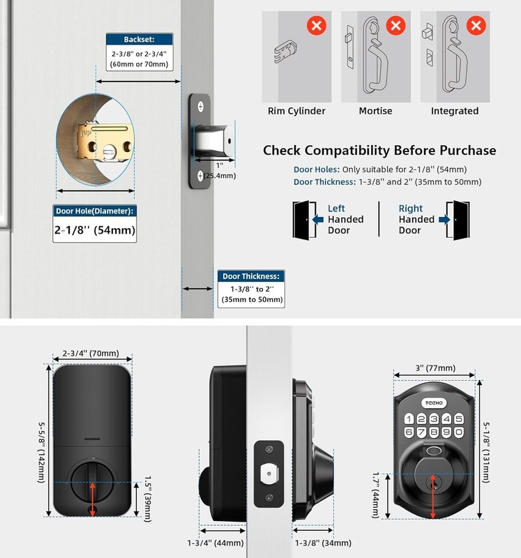 TE002 Smart Lock - Matte Black Fingerprint Door Lock with Emergency Backup Keys gallery