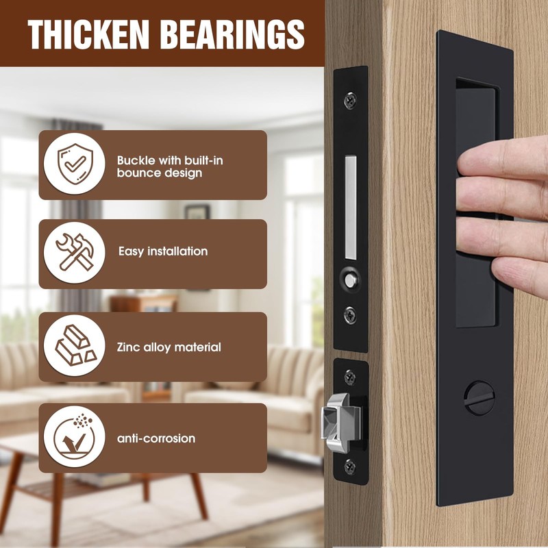 Pocket Door Locks Hidden Handles Sliding Door Hardware 1.5–2.25in Black Privacy gallery