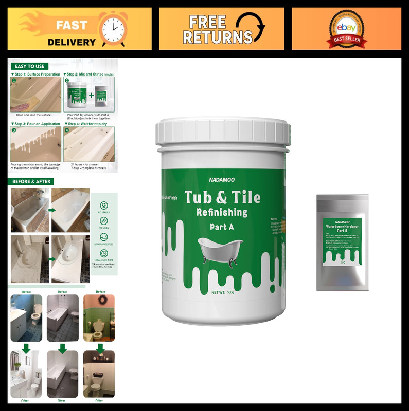 Tub and Tile Refinishing Kit - White Emulsion 500g, 10g Hardener, No Tools Neede