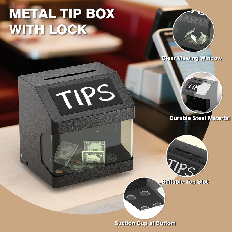 Metal Tip Box with Lock & Keys - Small Donation Box with Chalkboard Label, Black gallery