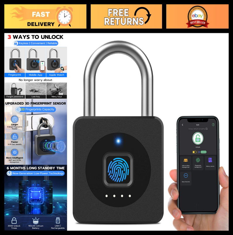 Keyless Biometric Fingerprint Lock – Weatherproof Smart Padlock for Gym, Gates,