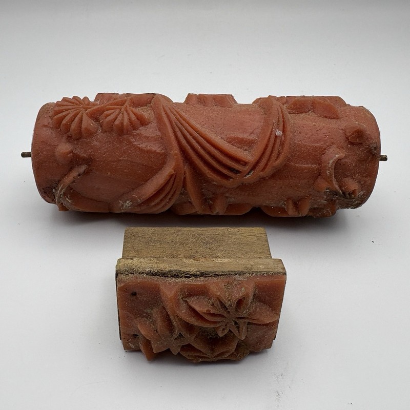 Patterned Paint Roller Wood-Mounted Stamp Pair Floral Design Vintage Home DIY