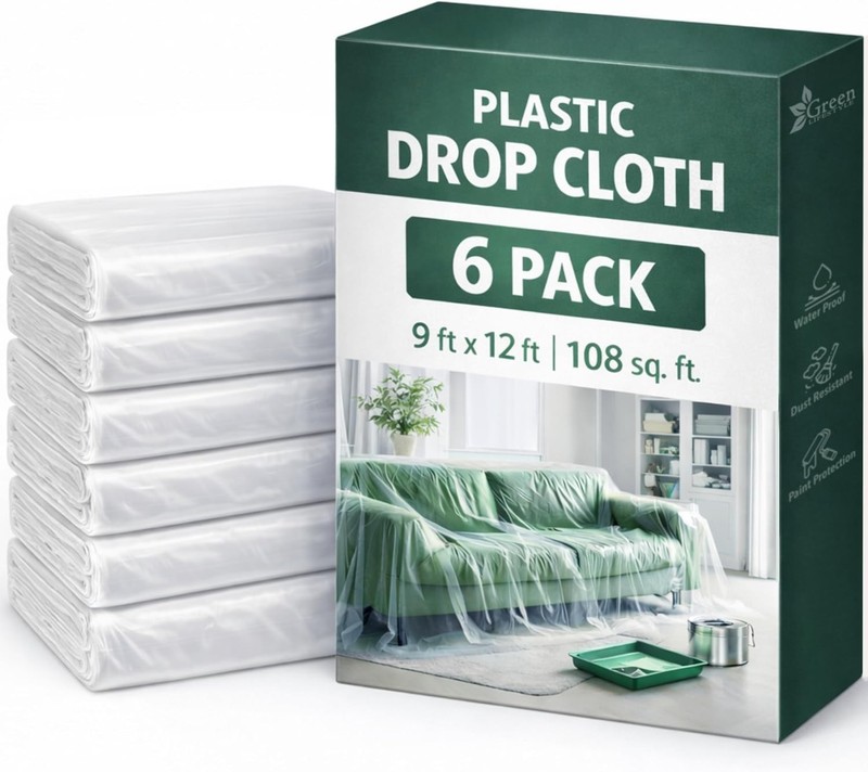 Plastic Drop Cloths for Painting 12 x 9 ft [6 Pack] – Waterproof Paint Drop C... gallery