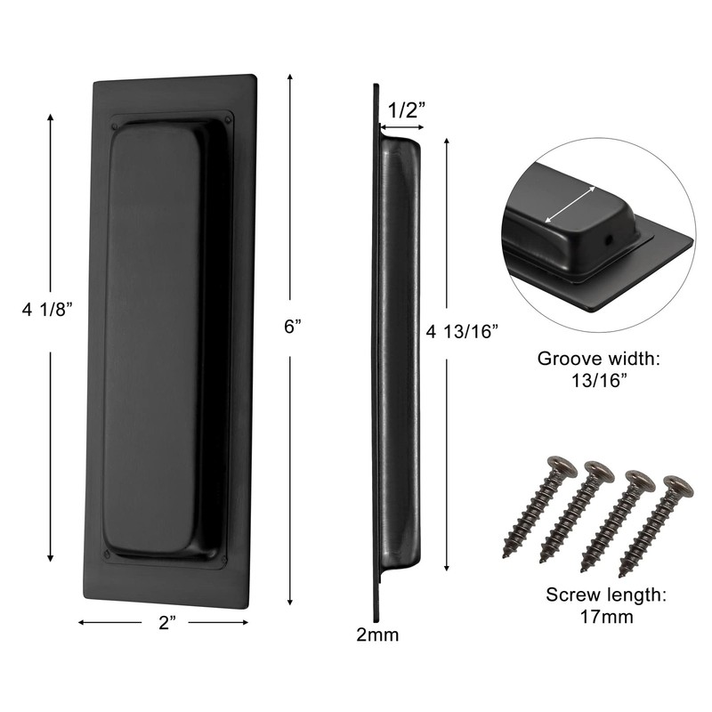 2 Pack 6 Inch Black Pocket Door Pulls, Recessed Handles, Rectangular SS, Closet gallery