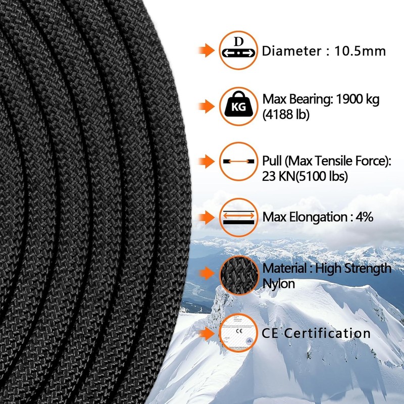 AOLEBA 10.5 mm Static Climbing Rope 10M(32ft) 20M(64ft) 30M(96ft) 96ft, Black gallery