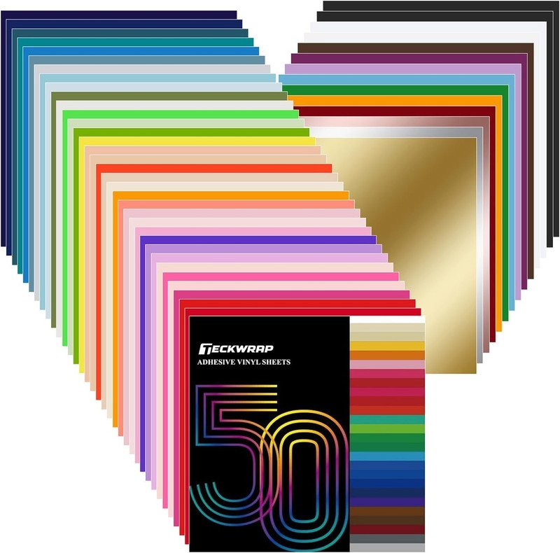 50 Pack 12″ x 12″ Permanent Adhesive Vinyl Sheets 48 Assorted Colors (Glossy &