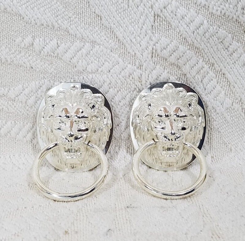 SET OF 2 – SILVER LION HEAD DROP RING DRAWER PULLS CABINET HANDLES WITH SCREWS