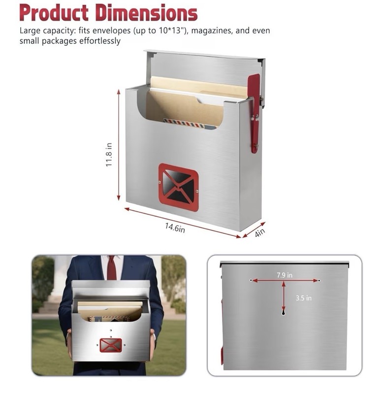 Stainless Steel Wall Mount Mailbox Rust Proof Metal Mail Box Large Capacity NIB gallery
