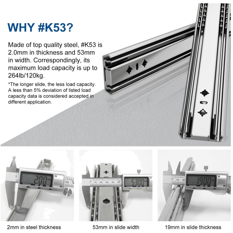 40″ Soft Close Drawer Slides, 265lb Capacity