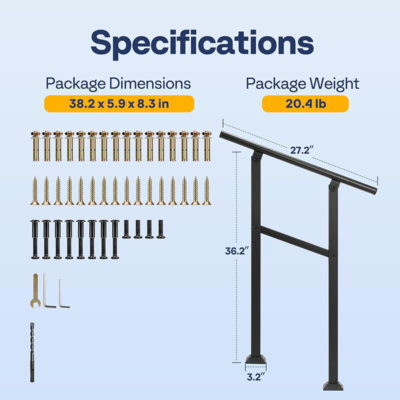 2/3/4/5/6 Steps Hand Rails for Outdoor Steps 2-Pack Wrought Iron Porch Railing