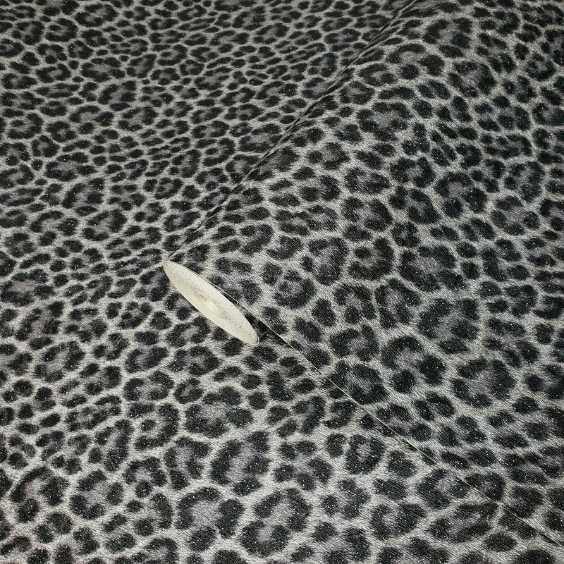 Wallpaper black silver glitter metallic leopard cheetah textured animal skin 3D