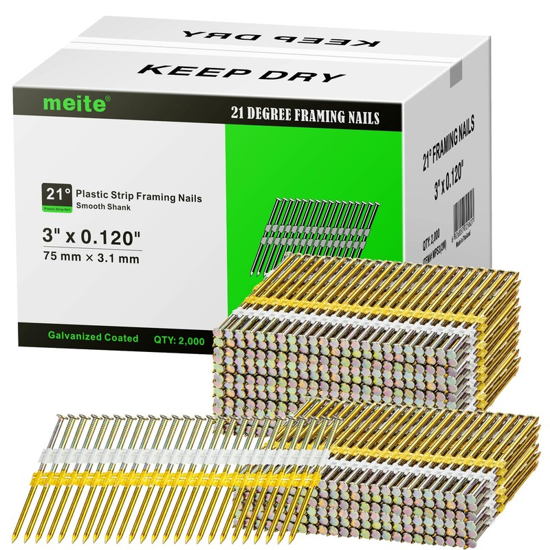 meite 21 Degree Framing Nails 3 Inch x 0.12 Inch Galvanized 2,000 Nails Full …