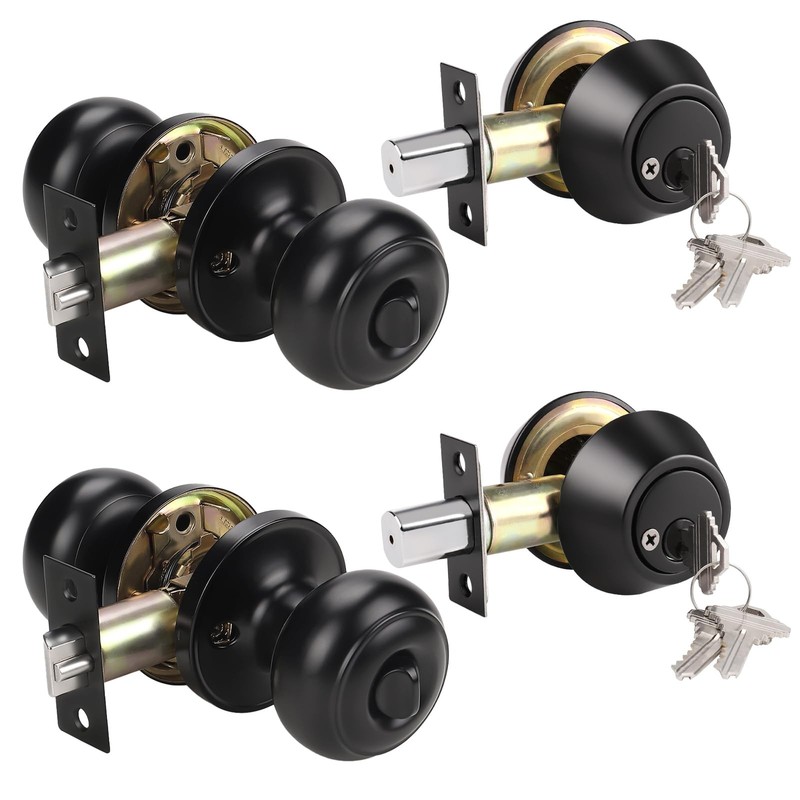KNOBWELL 2 Pack All Keyed Same Entry Door Knob and Double Cylinder Deadbolt Comb