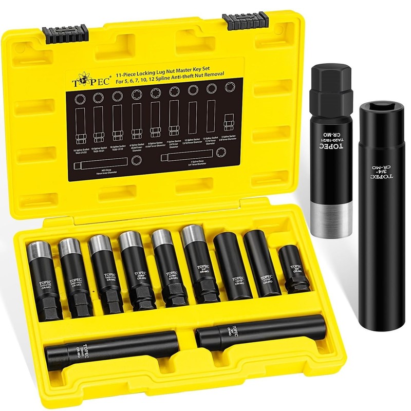 11PCS Master Lug Nut Key Set – 5, 6, 7, 10, 12 Spline Lug Nut Socket Set, Wheel