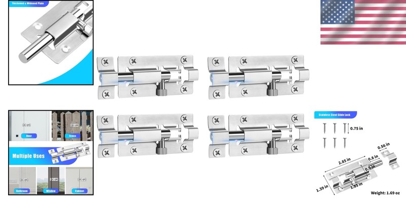 4 Pack Stainless Steel Slide Locks - 3 Inch Barrel Bolt Latch for Security gallery