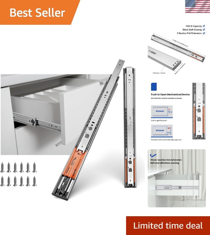 22 Inch Heavy Duty Drawer Slides with Soft Close Push to Open – 100 LB Capacity