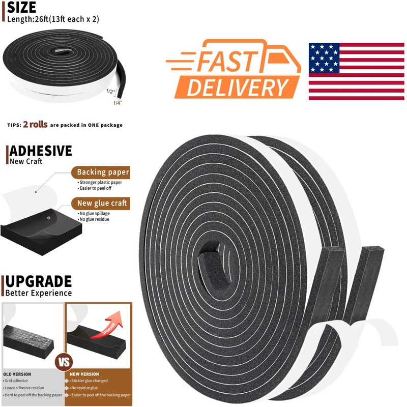 Multipurpose Foam Tape 1/2 Inch x 1/4 Inch for Insulation and Sound Proofing