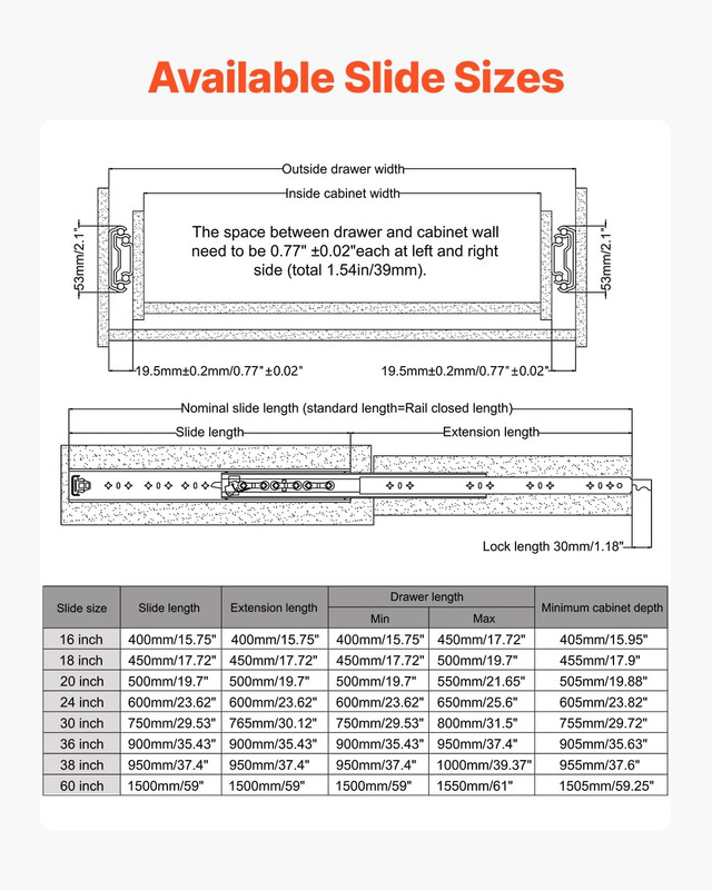 60" Heavy Duty Locking Drawer Slides, 250lbs Capacity, Full Extension gallery