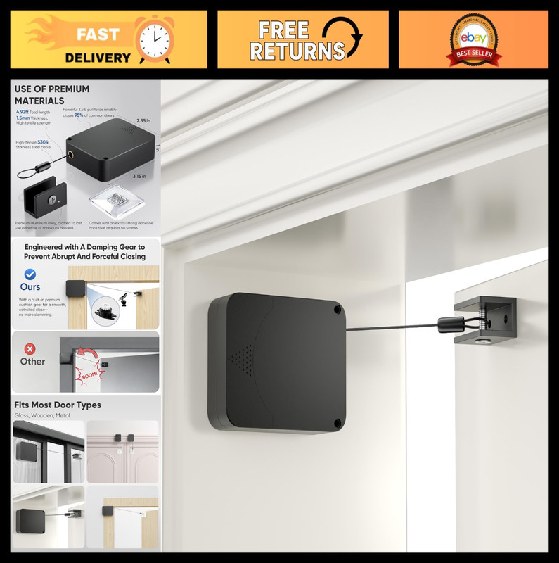 Retractable Automatic Door Closer – Anti-Slam, No-Screw Install for Standard & S