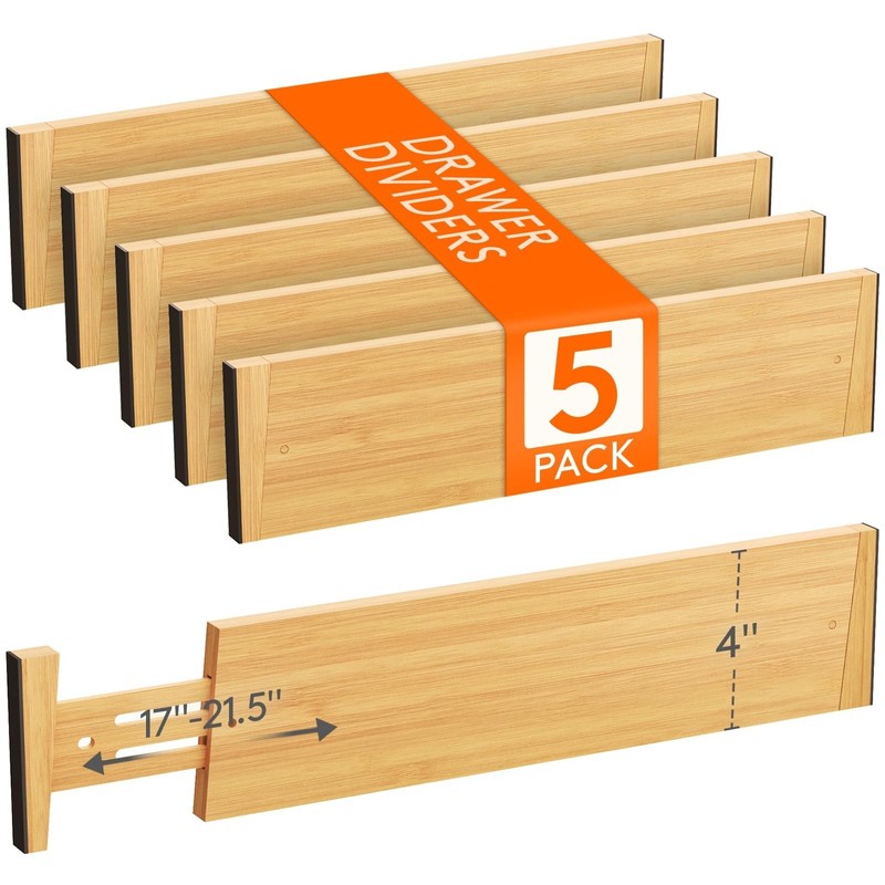 Lifewit 4" High 5 Pack Bamboo Drawer Dividers 43-54cm/17-21.5" Adjustable Woo...