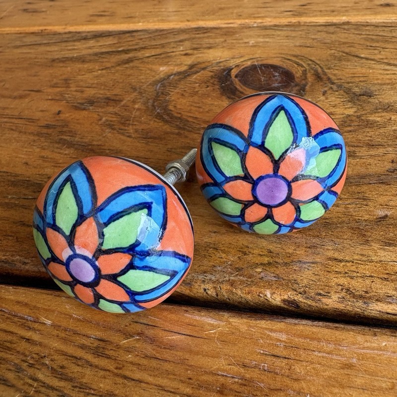 Hand painted Ceramic Drawer Pull Knobs Blue Green Orange Flower 1.5″ Set of 2