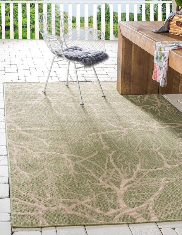 Botanical Area Rug – Branch Design (5’1″ x 8′, Light Green/Beige)