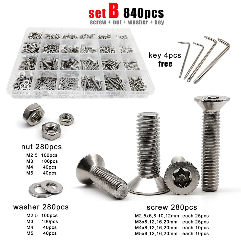 270/840pcs SS304 Torx Flat Countersunk Head with Pin Security Screw Bolt Set Kit