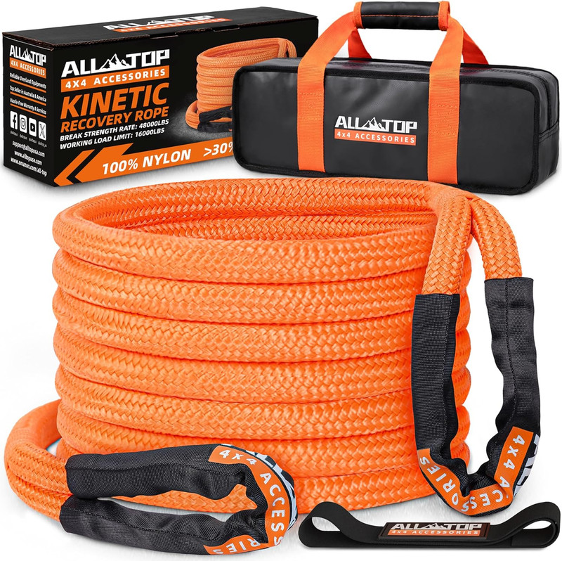 Kinetic Recovery Rope, 48000Lbs, 1In X 20Ft, Heavy Duty 30+% Elasticity, 16000Lb